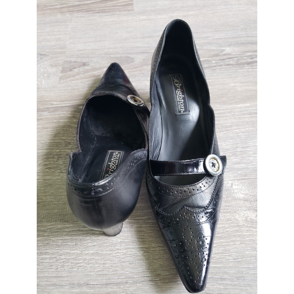 Brighton Trent Sz 7M Heels Black Leather Silver Button Point Toe Shoes Western - Picture 5 of 6